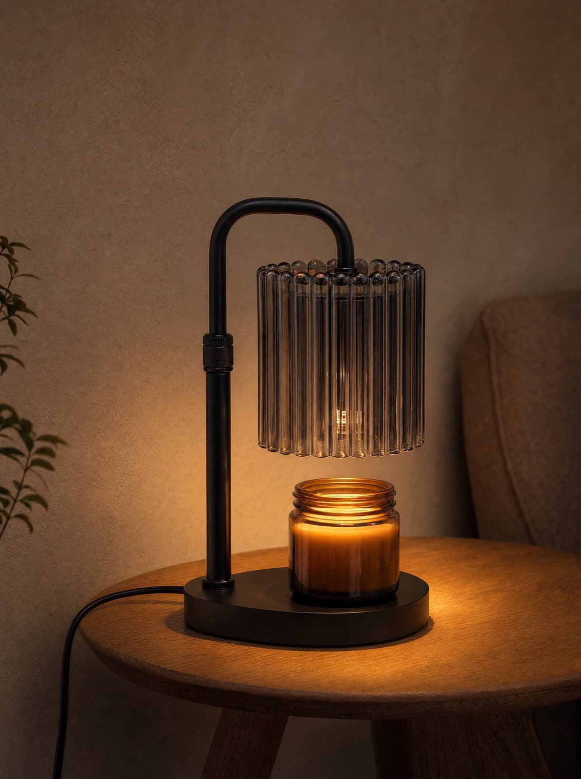 The lamp in Ember Black on a small side table beside an armchair, warm light pooling on the wood and the jar glowing underneath.