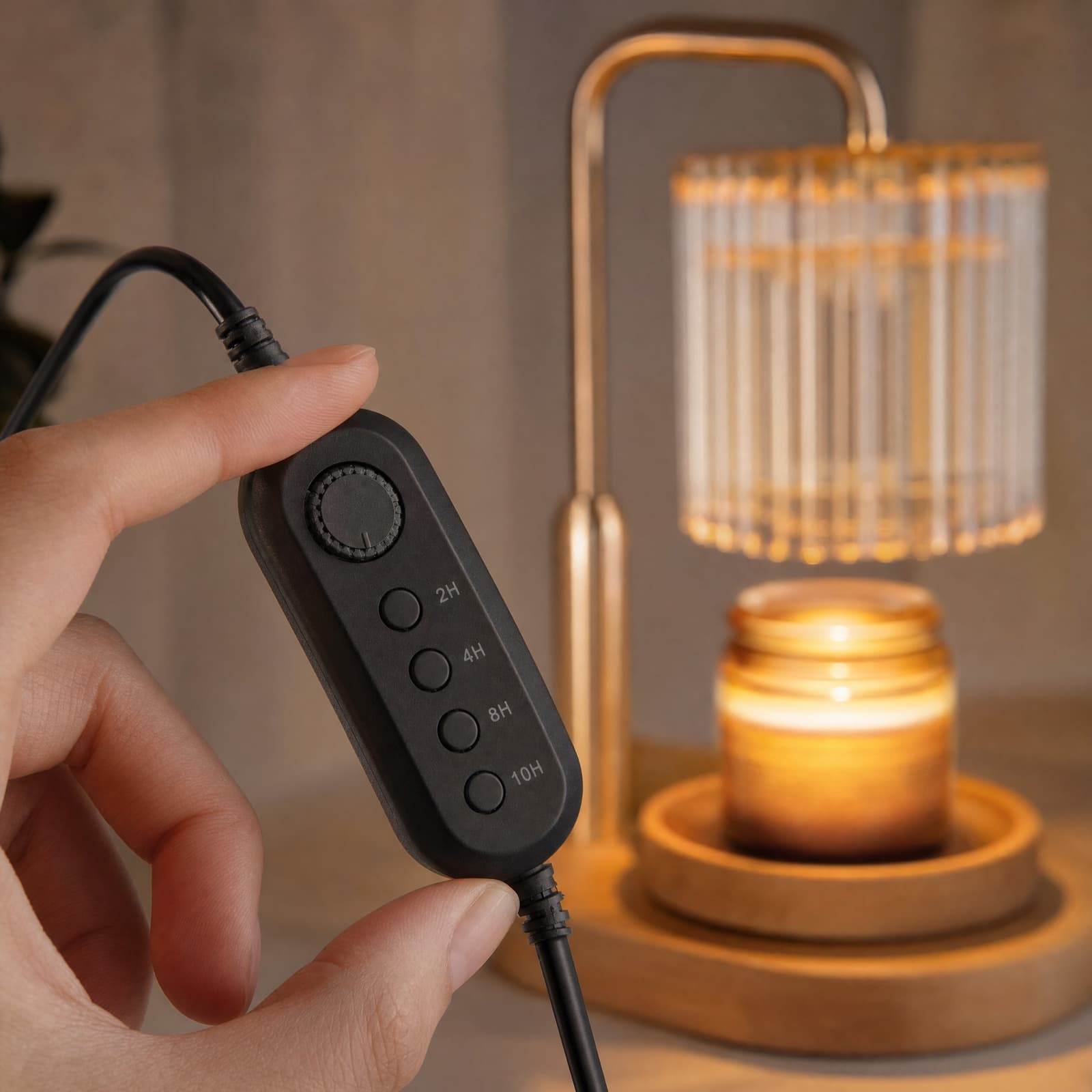 The cord pod held in one hand, showing the dimmer wheel and the four timer buttons marked 2h, 4h, 8h and 10h.