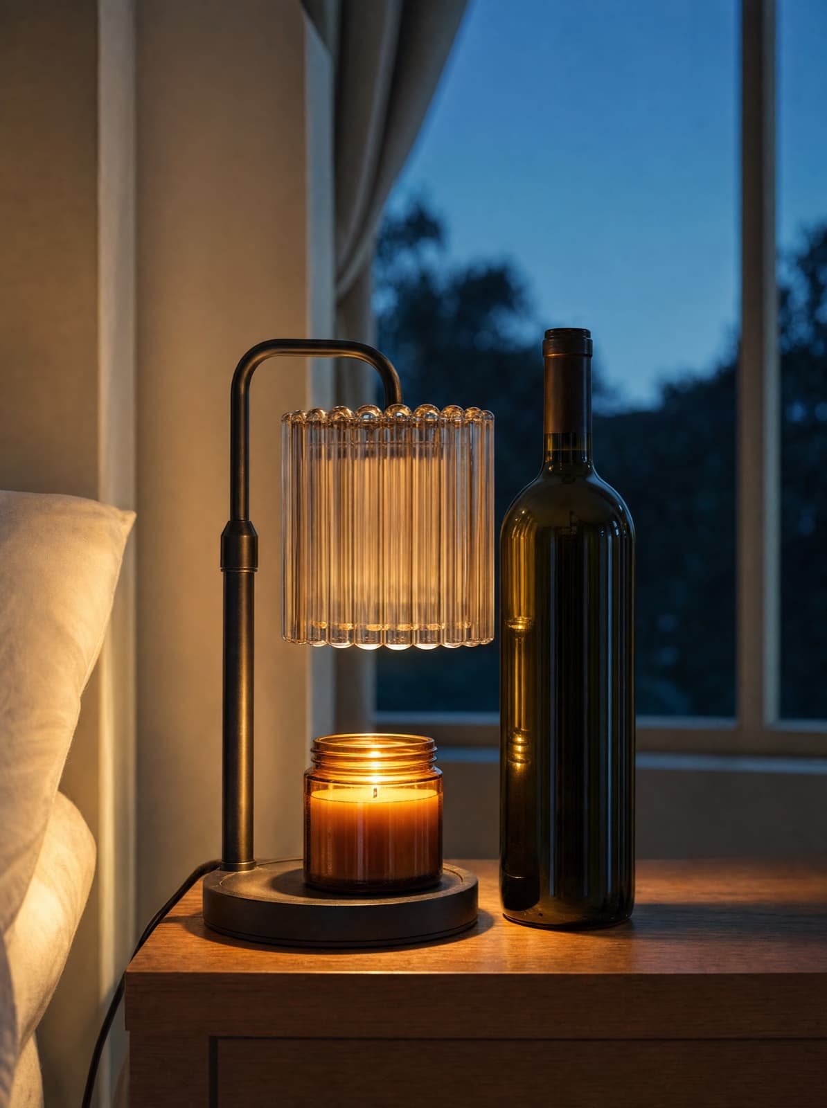 The lamp on a bedside table next to a wine bottle at blue hour, the two roughly the same height.