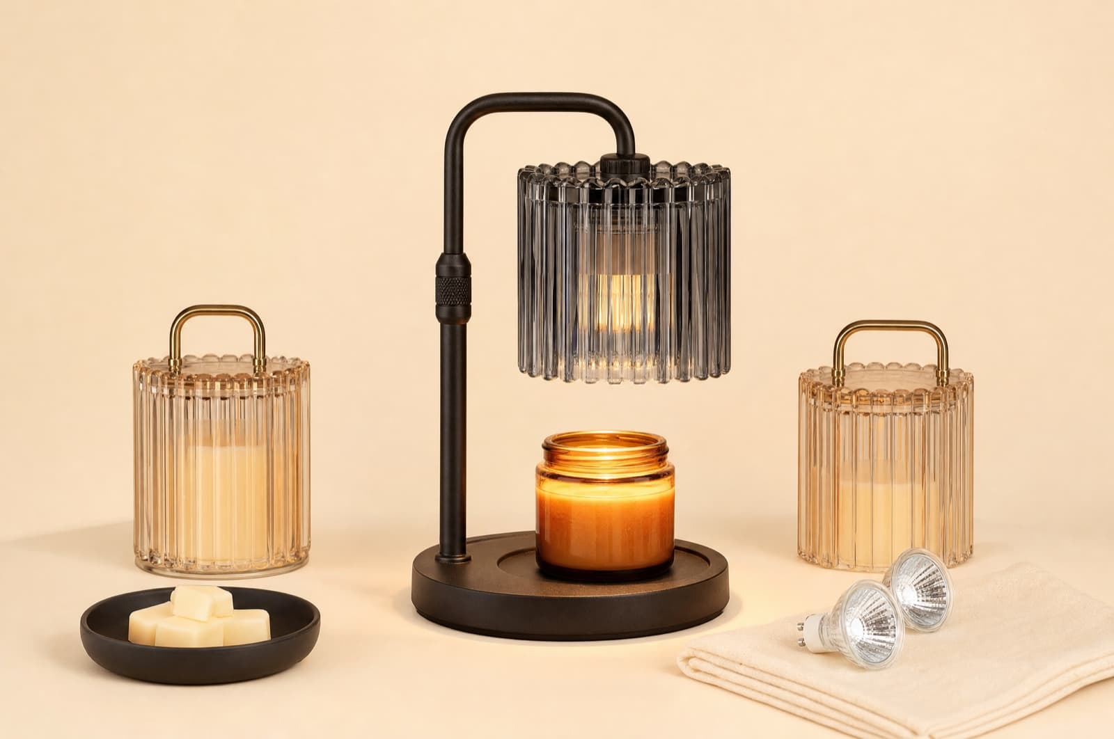 The whole range laid out on an ivory ground: the lamp in Ember Black over a lit jar, two ribbed glass candles, the melt dish and a pair of spare bulbs.