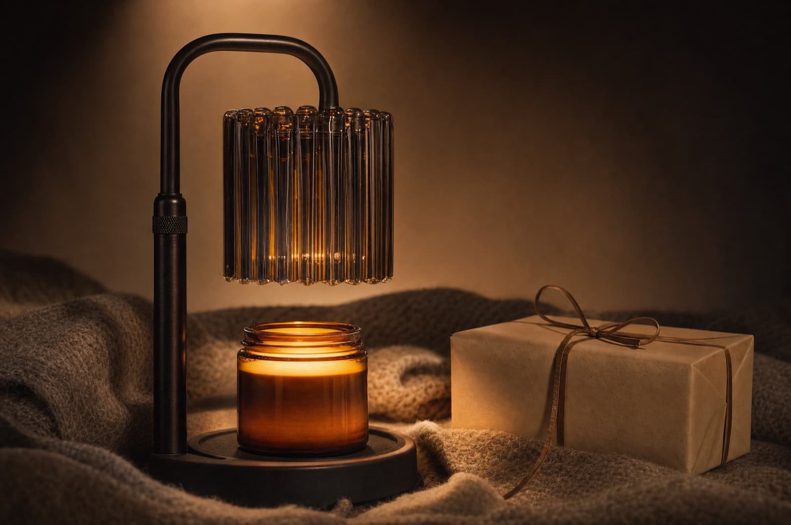 The lamp lit on a soft fold of linen beside a plainly wrapped parcel tied with string.